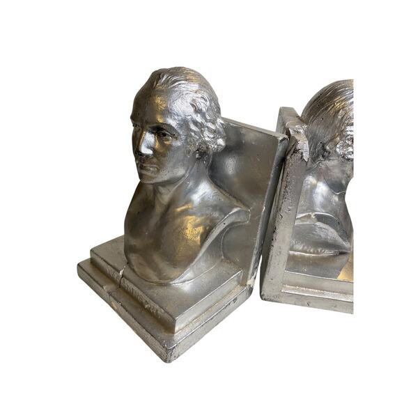 1960 Distressed Pair of Bookends Silver Bust of Washington Plaster Creepy - Picture 2 of 10
